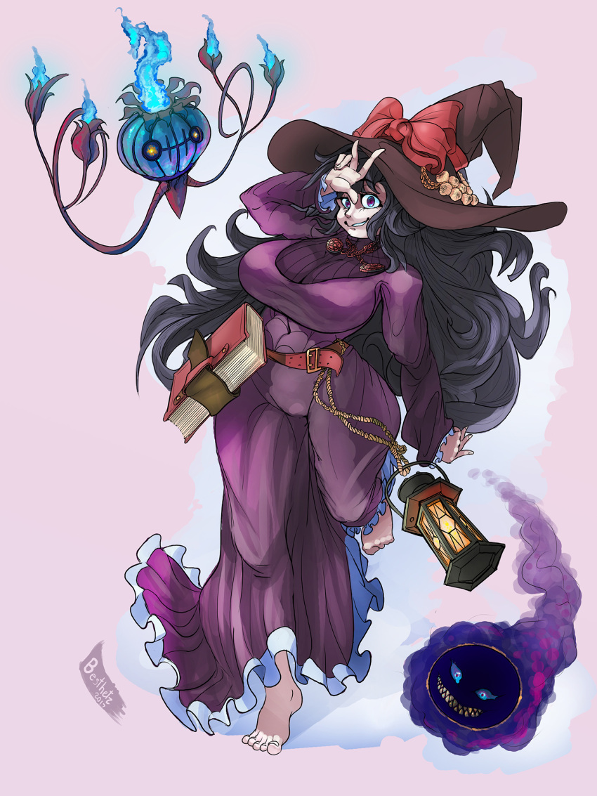 1girl arm_at_side artist_name barefoot belt besthetz blue_fire book bow breasts chandelure commentary dress eyebrows_visible_through_hair fire frilled_dress frills full_body ghastly ghost grin hand_up hat hat_bow hex_maniac_(pokemon) highres hips huge_breasts impossible_clothes impossible_dress jewelry lamp long_dress long_hair parted_lips pendant pokemon pokemon_(creature) pokemon_(game) pokemon_bw purple_dress purple_hair sharp_teeth smile standing standing_on_one_leg teeth toes turtleneck very_long_hair violet_eyes witch_hat yellow_eyes