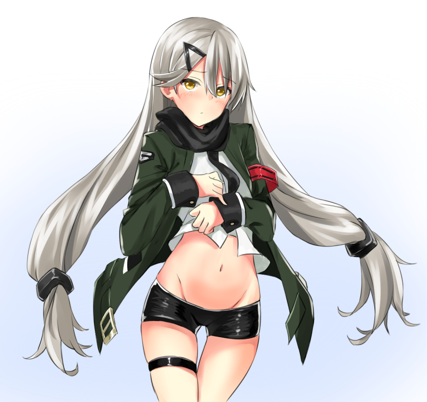 1girl armband blush fingerless_gloves girls_frontline gloves hair_between_eyes hair_ornament hairclip highres jacket long_hair looking_at_viewer mg4_(girls_frontline) navel shirt_lift shorts silver_hair simple_background solo thigh_strap twintails very_long_hair yellow_eyes