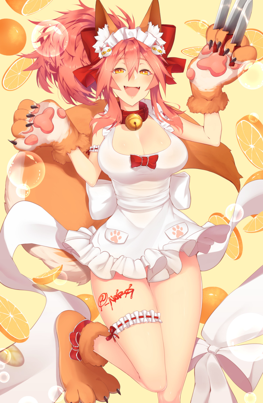 1girl animal_ears apron bell bell_collar blush bow breasts cat_hair_ornament cat_paws cleavage collar fangs fate/grand_order fate_(series) food fox_ears fox_tail fruit gloves hair_bow hair_ornament hair_ribbon highres jingle_bell knife large_breasts long_hair maid_headdress naked_apron open_mouth orange paw_gloves paw_shoes paws pink_hair ponytail red_ribbon ribbon shoes skelefuku solo tail tamamo_(fate)_(all) tamamo_cat_(fate) twitter_username yellow_eyes