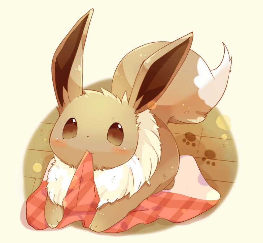 blush brown_eyes cloth eevee faux_figurine full_body highres looking_at_viewer lying mouth_hold nibbling no_humans on_floor on_stomach paws pokemon pokemon_(creature) simple_background ushiina yellow_background