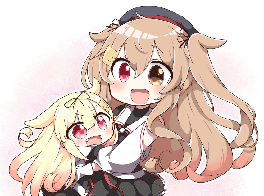 2girls absurdres black_ribbon black_serafuku blonde_hair commentary_request hair_flaps hair_ornament hair_ribbon hairclip highres jako_(jakoo21) kantai_collection light_brown_hair long_hair looking_at_viewer multiple_girls murasame_(kantai_collection) neckerchief open_mouth red_eyes remodel_(kantai_collection) ribbon scarf school_uniform serafuku twintails yuudachi_(kantai_collection)