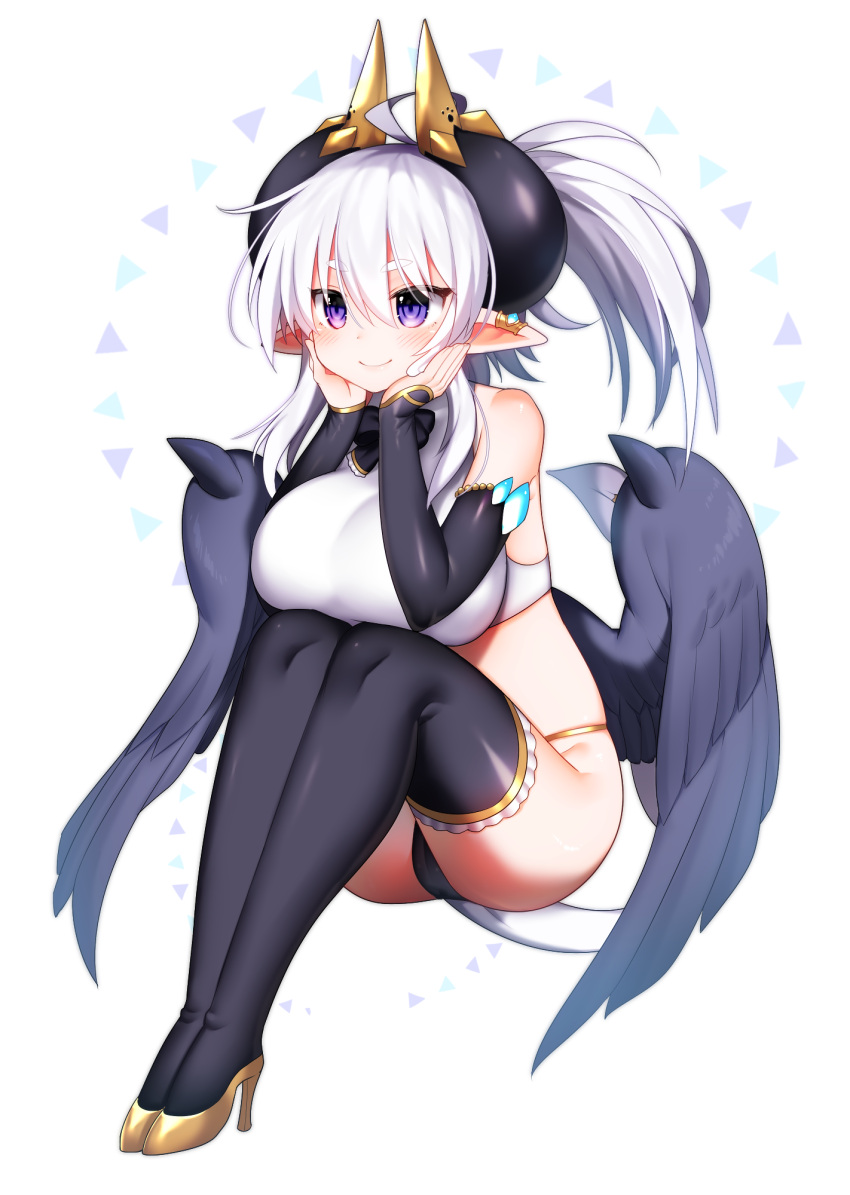 1girl ahoge bangs bare_shoulders black_bow black_legwear black_neckwear black_panties black_wings blush bow bowtie breasts crop_top detached_sleeves ear_piercing eteru_(mofuaki) eyebrows_visible_through_hair feathered_wings full_body hair_between_eyes hands_on_own_cheeks hands_on_own_face highres horns invisible_chair large_breasts long_hair long_sleeves mofuaki original panties piercing ponytail simple_background sitting skindentation sleeves_past_wrists solo tail thigh-highs triangle underwear violet_eyes white_background white_hair wings yellow_footwear