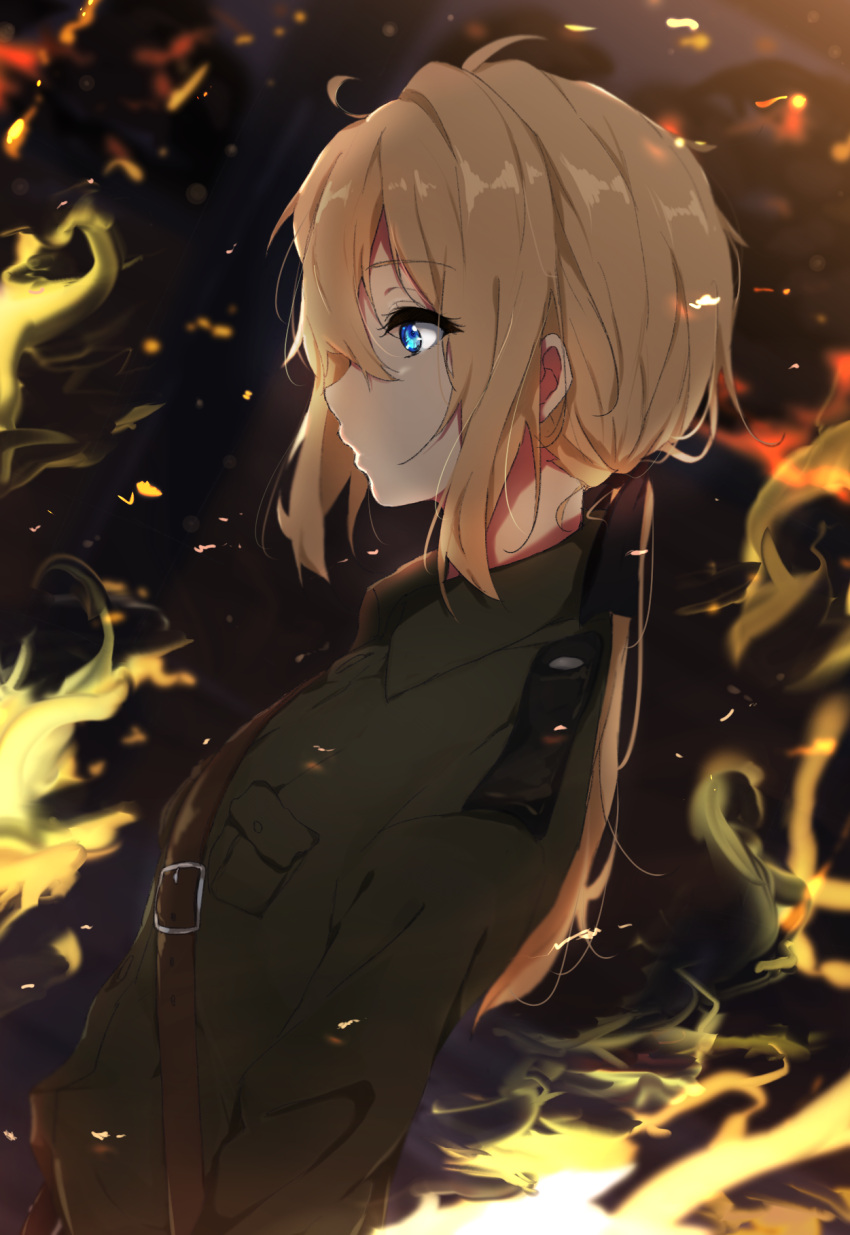 1girl bangs black_ribbon blonde_hair blue_eyes breasts closed_mouth eyebrows_visible_through_hair fire from_side hair_between_eyes hair_ribbon highres icehotmilktea long_hair long_sleeves looking_to_the_side low_ponytail military military_uniform profile ribbon sidelocks soldier solo standing uniform upper_body violet_evergarden violet_evergarden_(character)