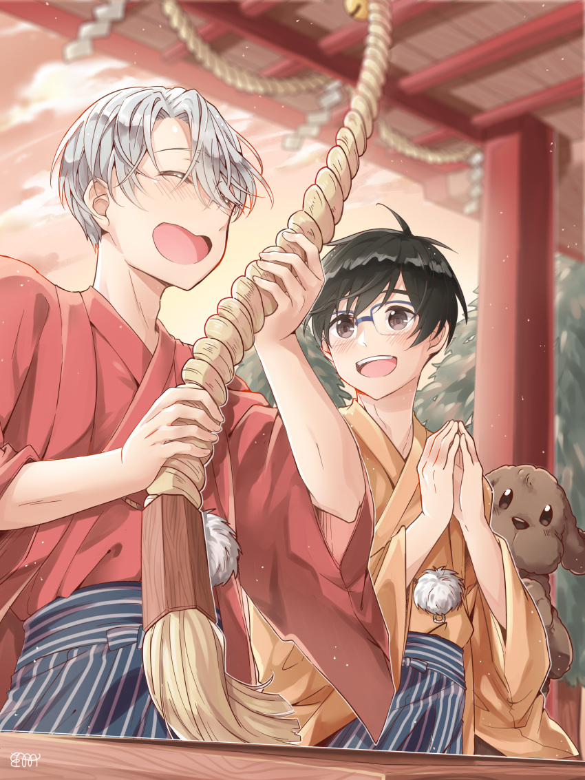 2boys :d ^_^ absurdres bell big_cat_shan black_hair blue-framed_eyewear brown_eyes closed_eyes dog glasses hands_together highres japanese_clothes katsuki_yuuri makkachin male_focus multiple_boys new_year open_mouth pom_pom_(clothes) rope shide shimenawa shrine silver_hair smile viktor_nikiforov yuri!!!_on_ice