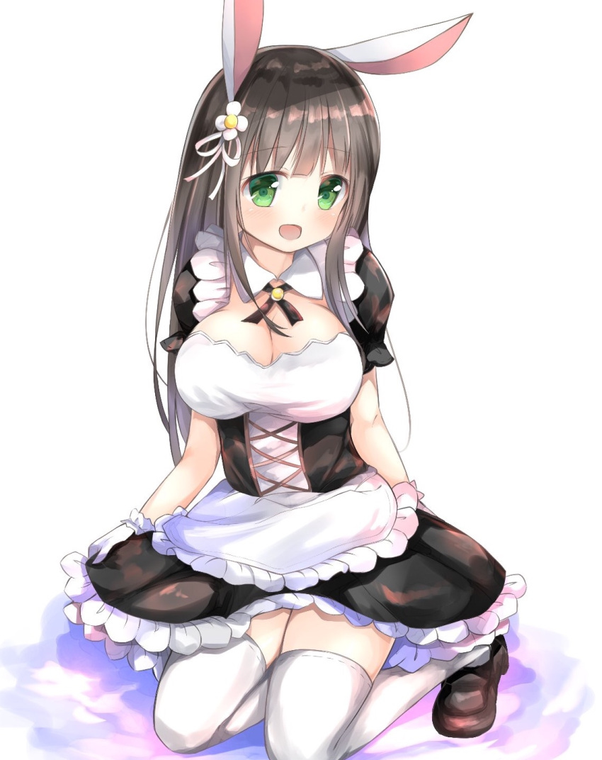 1girl :d alternate_costume animal_ears apron bangs black_dress black_neckwear black_skirt blunt_bangs blush bolo_tie breasts brown_footwear cleavage commentary_request corset detached_collar dress enmaided eyebrows_visible_through_hair flower frilled_apron frilled_gloves frills full_body gloves gochuumon_wa_usagi_desu_ka? green_eyes hair_flower hair_ornament highres large_breasts loafers long_hair looking_at_viewer maid maru_usagi_(maruusagi22) open_mouth pleated_skirt puffy_short_sleeves puffy_sleeves rabbit_ears ribbon seiza shoes short_sleeves sitting skirt skirt_hold smile solo two-tone_background ujimatsu_chiya waist_apron white_apron white_flower white_gloves white_ribbon wing_collar