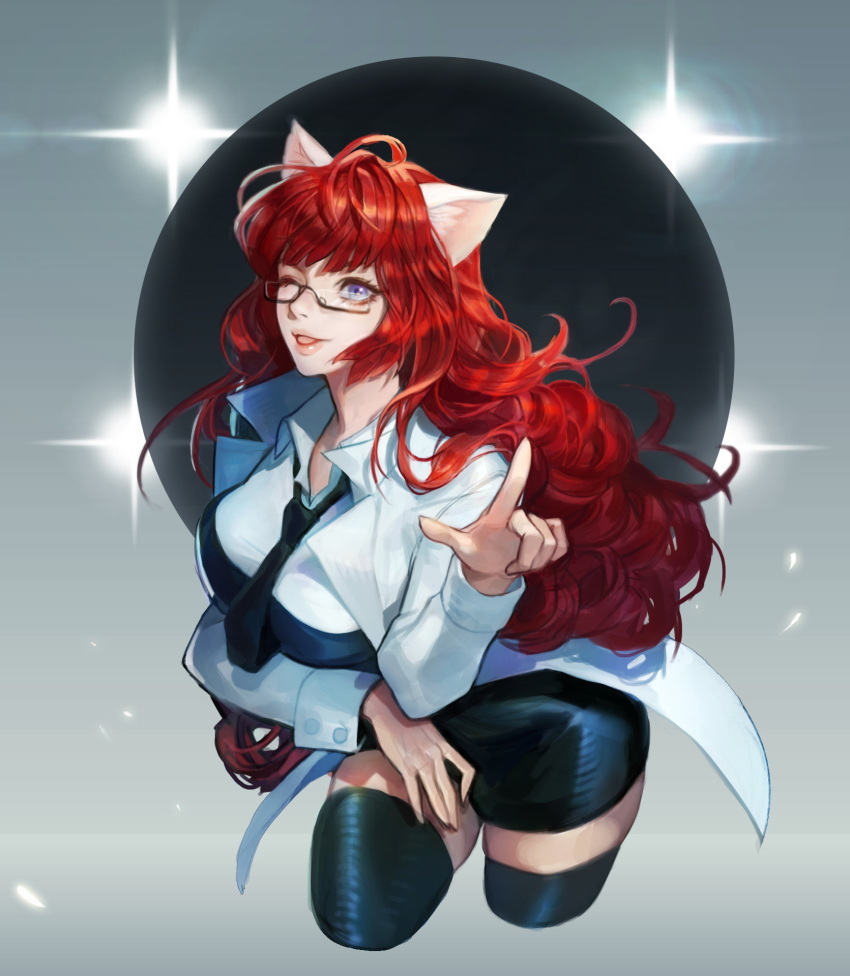 1girl animal_ears black-framed_eyewear black_legwear blue_eyes breasts cat_ears collared_shirt dungeon_and_fighter eyelashes glasses highres labcoat large_breasts lips long_hair miniskirt necktie parted_lips redhead semi-rimless_eyewear shirt skirt smile solo thigh-highs under-rim_eyewear wonst92 zettai_ryouiki