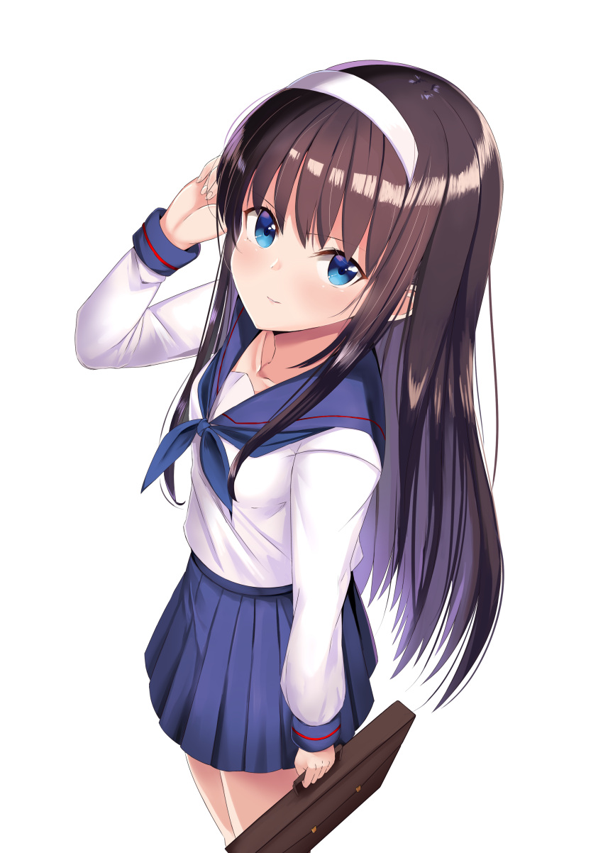 1girl absurdres bangs blue_neckwear blue_skirt blush braid breasts brown_hair feet_out_of_frame foreshortening from_above hairband hand_in_hair hand_up highres holding i.f.s.f long_hair long_sleeves looking_at_viewer looking_up neckerchief parted_lips pleated_skirt school_briefcase school_uniform serafuku shiny shiny_hair shirt simple_background skirt smile solo standing straight_hair tohno_akiha tsukihime twin_braids white_background white_hairband white_shirt