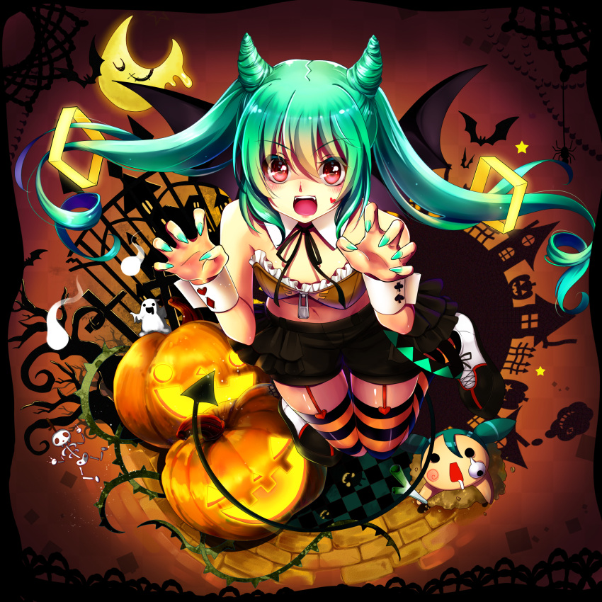 absurdres blue_hair blue_nails claw_pose claws ghost halloween halloween_costume hands_up highres horns nail_polish open_mouth red_eyes