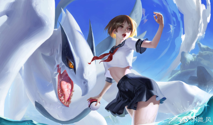 arm_at_side arm_up blue_sailor_collar blue_skirt breasts brown_eyes brown_hair clouds crop_top day highres holding holding_poke_ball looking_at_viewer lugia medium_breasts mountain neckerchief open_mouth parted_lips partially_submerged pleated_skirt poke_ball pokemon pokemon_(creature) red_lips red_neckwear sailor_collar saliva school_uniform serafuku shirt short_hair short_sleeves skirt standing sunlight tongue watermark white_shirt y_xun