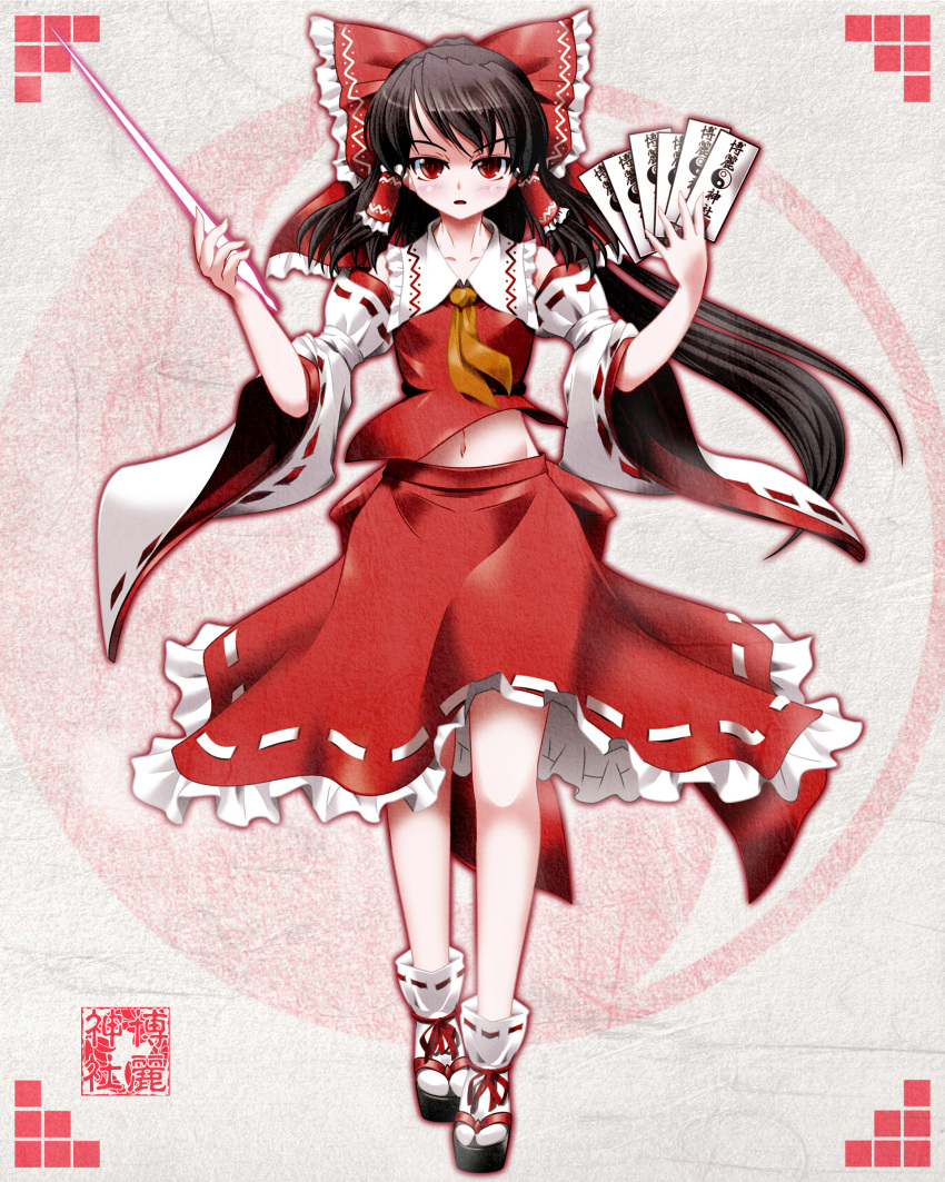 1girl absurdres arms_up ascot bangs bent_knee blush bow brown_hair commentary_request detached_sleeves eyebrows_visible_through_hair frilled_shirt_collar frills full_body gohei hair_between_eyes hair_bow hair_tubes hakurei_reimu highres holding long_hair looking_at_viewer midriff midriff_peek multicolored multicolored_background multicolored_clothes multicolored_footwear multicolored_legwear navel patterned_background platform_footwear red_eyes ribbon-trimmed_sleeves ribbon_trim sandals side_b sidelocks skirt skirt_set solo standing touhou wide_sleeves yellow_neckwear