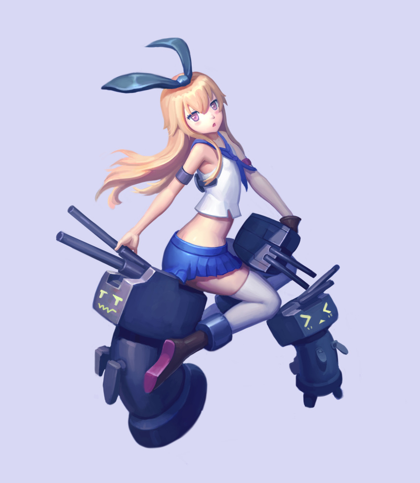 1girl :o absurdres armband armpits bare_shoulders black_bow blonde_hair blue_neckwear blue_skirt blush boots bow brown_footwear cannon chestnut_mouth commentary_request crop_top dusttodusk from_side full_body grey_background hair_bow highres kantai_collection looking_at_viewer looking_to_the_side machinery midriff miniskirt neckerchief pink_eyes pleated_skirt rensouhou-chan shimakaze_(kantai_collection) shirt simple_background skirt solo thigh-highs white_legwear white_shirt