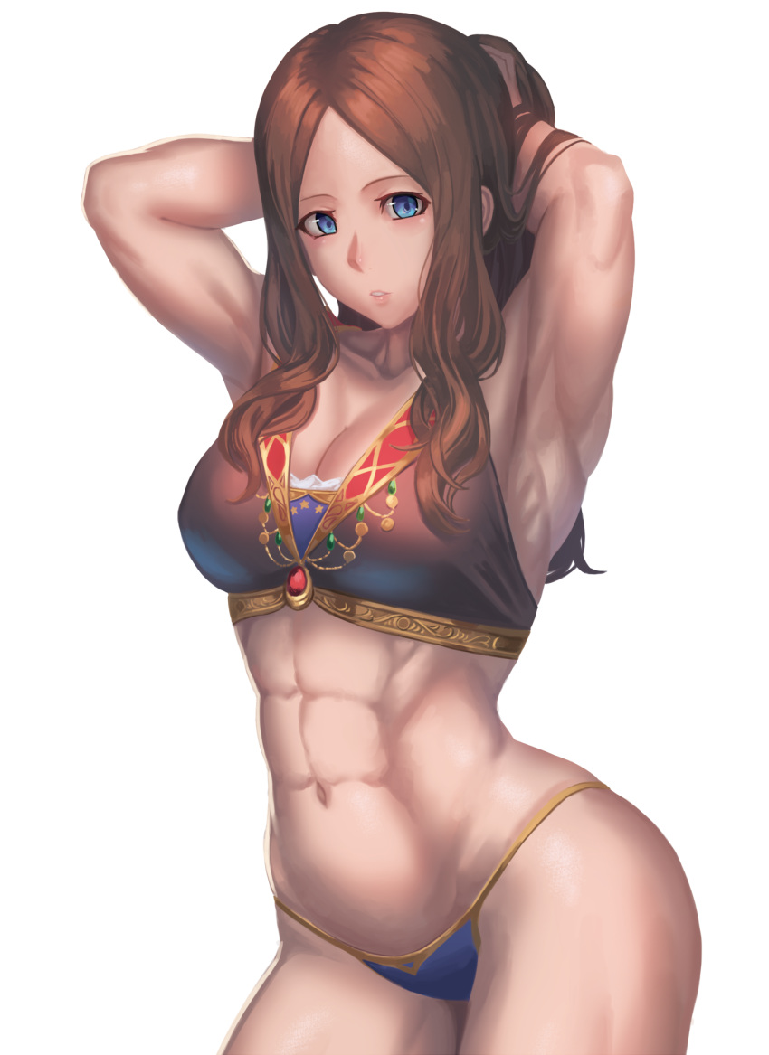 1girl abs alternate_costume armpits arms_behind_head arms_up blue_eyes breasts brown_hair cleavage collarbone commentary_request fate/grand_order fate_(series) highres large_breasts leonardo_da_vinci_(fate/grand_order) long_hair looking_at_viewer muscle muscular_female navel ranma_(kamenrideroz) simple_background solo thick_thighs thighs