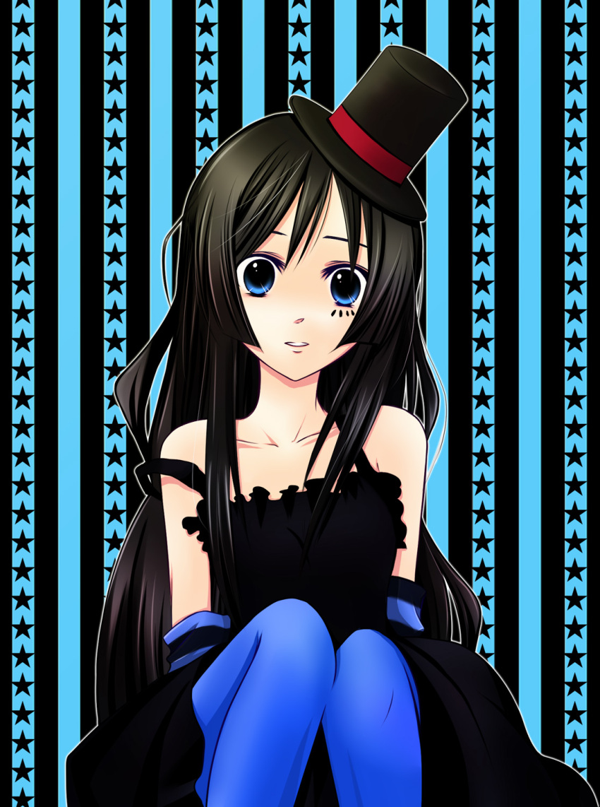 akiyama_mio bangs bare_shoulders black_hair blue_eyes blue_legwear blunt_bangs camisole don't_say_lazy don't_say_"lazy" dress elbow_gloves face_paint facepaint gloves gothic_lolita hat highres hime_cut k-on! long_hair mini_top_hat pantyhose sitting solo star strap_slip top_hat