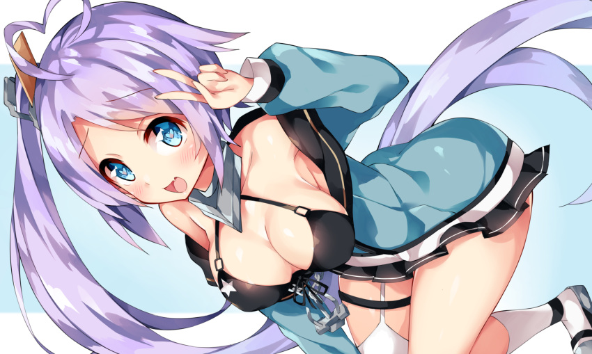 ahoge anchor asymmetrical_legwear azur_lane black_bikini_top black_skirt blue_background blue_eyes blue_jacket blush breasts cleavage commentary_request eyebrows_visible_through_hair fang front-tie_bikini front-tie_top garter_straps hair_ornament halterneck heart heart-shaped_pupils heart_ahoge highres jacket kneehighs lavender_hair long_hair long_sleeves looking_at_viewer medium_breasts miniskirt open_clothes open_jacket open_mouth portland_(azur_lane) print_bikini_top side_ponytail simple_background single_kneehigh single_thighhigh skirt star star_print symbol-shaped_pupils thigh-highs unacchi_(nyusankin) v very_long_hair white_background white_legwear