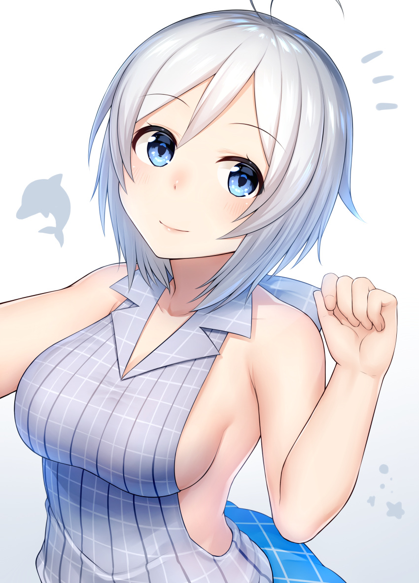 /\/\/\ 1girl absurdres akky_(akimi1127) antenna_hair backless_outfit bangs bare_arms bare_shoulders blue_eyes blush breasts closed_mouth collared_shirt dennou_shoujo_youtuber_shiro dolphin eyebrows_visible_through_hair grey_shirt halterneck hand_up highres looking_at_viewer medium_breasts nose_blush plaid plaid_shirt shiny shiny_hair shiro_(dennou_shoujo_youtuber_shiro) shirt short_hair sideboob silver_hair simple_background sleeveless sleeveless_shirt smile solo tareme upper_body white_background