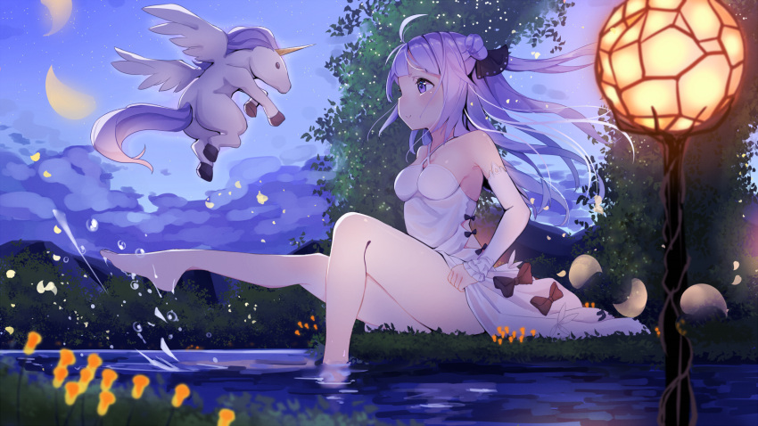 1girl ahoge azur_lane bare_shoulders barefoot blurry blush breasts closed_mouth criss-cross_halter depth_of_field detached_sleeves dress flower frilled_sleeves frills from_side halterneck highres lamppost long_hair looking_at_another medium_breasts night on_ground petals profile purple_hair sitting sky sleeves_past_wrists smile soaking_feet splashing star_(sky) starry_sky unicorn unicorn_(azur_lane) violet_eyes wankoo-mikami water water_drop white_dress wind