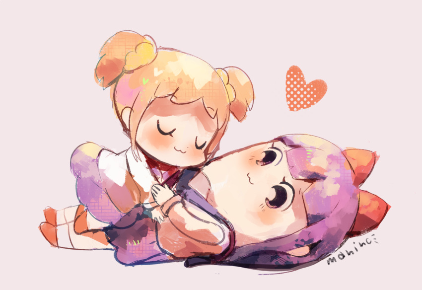 2girls :3 artist_name bangs blonde_hair blue_sailor_collar blunt_bangs bow chibi closed_eyes closed_mouth commentary_request from_side grey_background hair_bow hair_ornament hair_scrunchie halftone heart long_sleeves looking_at_another lying manino_(mofuritaionaka) multiple_girls on_back pipimi poptepipic popuko purple_hair purple_skirt red_bow red_footwear sailor_collar school_uniform scrunchie serafuku shirt shoes signature simple_background sketch skirt twintails violet_eyes white_shirt yuri