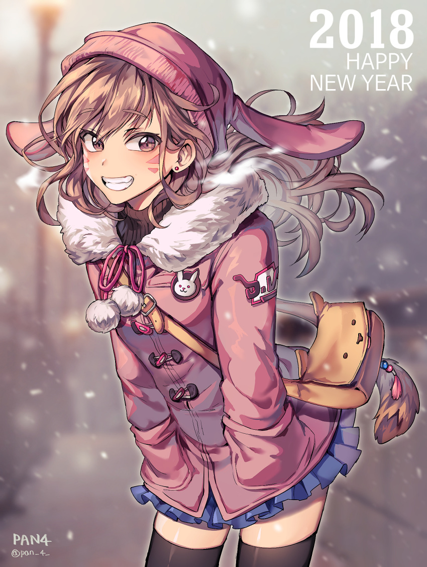 1girl 2018 alternate_costume animal_hat badge bag bangs beanie blue_skirt blurry blurry_background blush braid breath bunny_hat button_badge casual character_name clothes_writing cowboy_shot d.va_(overwatch) duffel_coat earrings elbow_gloves eyebrows_visible_through_hair facial_mark fur gloves hands_in_pockets happy_new_year hat highres jewelry leaning_forward long_hair long_sleeves looking_at_viewer miniskirt new_year outdoors overwatch panza pink_coat pink_hat pleated_skirt pom_pom_(clothes) shoulder_bag skirt snowing solo standing stud_earrings tassel twin_braids whisker_markings winter