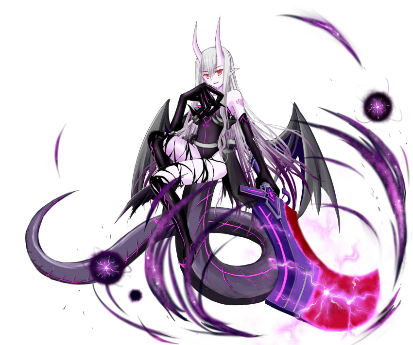 1girl black_legwear black_wings full_body hand_up highres holding holding_weapon horns invisible_chair long_hair looking_at_viewer original pale_skin pointy_ears red_eyes silver_hair sitting solo tail tattoo very_long_hair weapon wings yoiyamidou