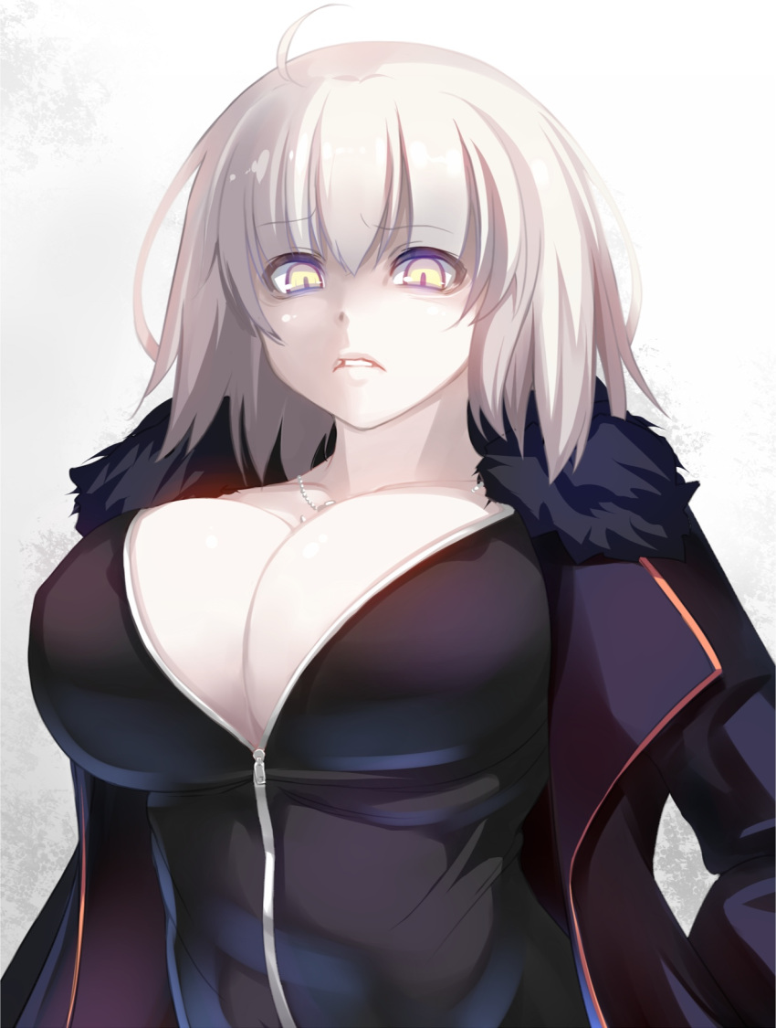 1girl ahoge bangs black_coat black_jacket breasts cleavage coat eyebrows_visible_through_hair fate/grand_order fate_(series) fur_trim highres jacket jeanne_d'arc_(alter)_(fate) jeanne_d'arc_(fate)_(all) jewelry large_breasts long_sleeves looking_at_viewer necklace parted_lips shiki_(psychedelic_g2) silver_hair solo unzipped upper_body yellow_eyes