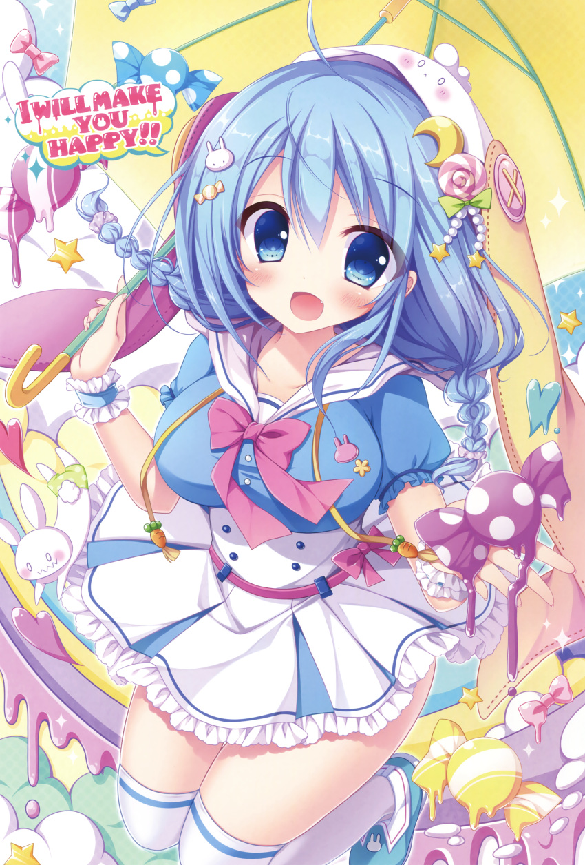 1girl :d absurdres ahoge animal animal_ears animal_hat bangs blue_eyes blue_footwear blue_hair blue_shirt blush bow braid breasts bunny_hair_ornament bunny_hat candy candy_hair_ornament candy_wrapper clothed_animal collarbone crescent crescent_hair_ornament drawstring eyebrows_visible_through_hair fang fingernails food food_themed_hair_ornament frilled_skirt frills hair_between_eyes hair_ornament hat highres holding holding_umbrella large_breasts lollipop looking_at_viewer low_twintails melonbooks melting open_mouth over-kneehighs picpicgram pink_bow pleated_skirt polka_dot puffy_short_sleeves puffy_sleeves rabbit rabbit_ears scan shirt shoes short_sleeves sidelocks skirt smile solo sparkle star swirl_lollipop thigh-highs twin_braids twintails umbrella white_legwear white_skirt wrist_cuffs yellow_umbrella