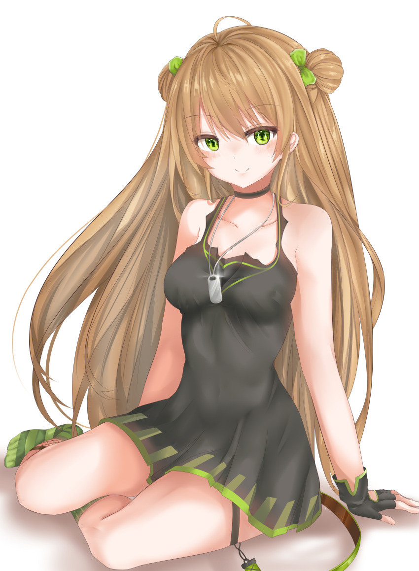 1girl absurdres ahoge arm_at_side arm_support bangs bare_shoulders black_choker blush bow breasts brown_hair choker cleavage collarbone double_bun dress eyebrows_visible_through_hair eyes_visible_through_hair fingerless_gloves fishnet_legwear fishnets girls_frontline gloves green_eyes hair_between_eyes hair_bow highres jewelry long_hair looking_at_viewer medium_breasts multicolored multicolored_clothes multicolored_dress navel necklace rfb_(girls_frontline) ru_zhai see-through_silhouette short_dress sidelocks simple_background sitting smil smile socks sog_tag solo strap striped striped_legwear thigh_strap wariza white_background