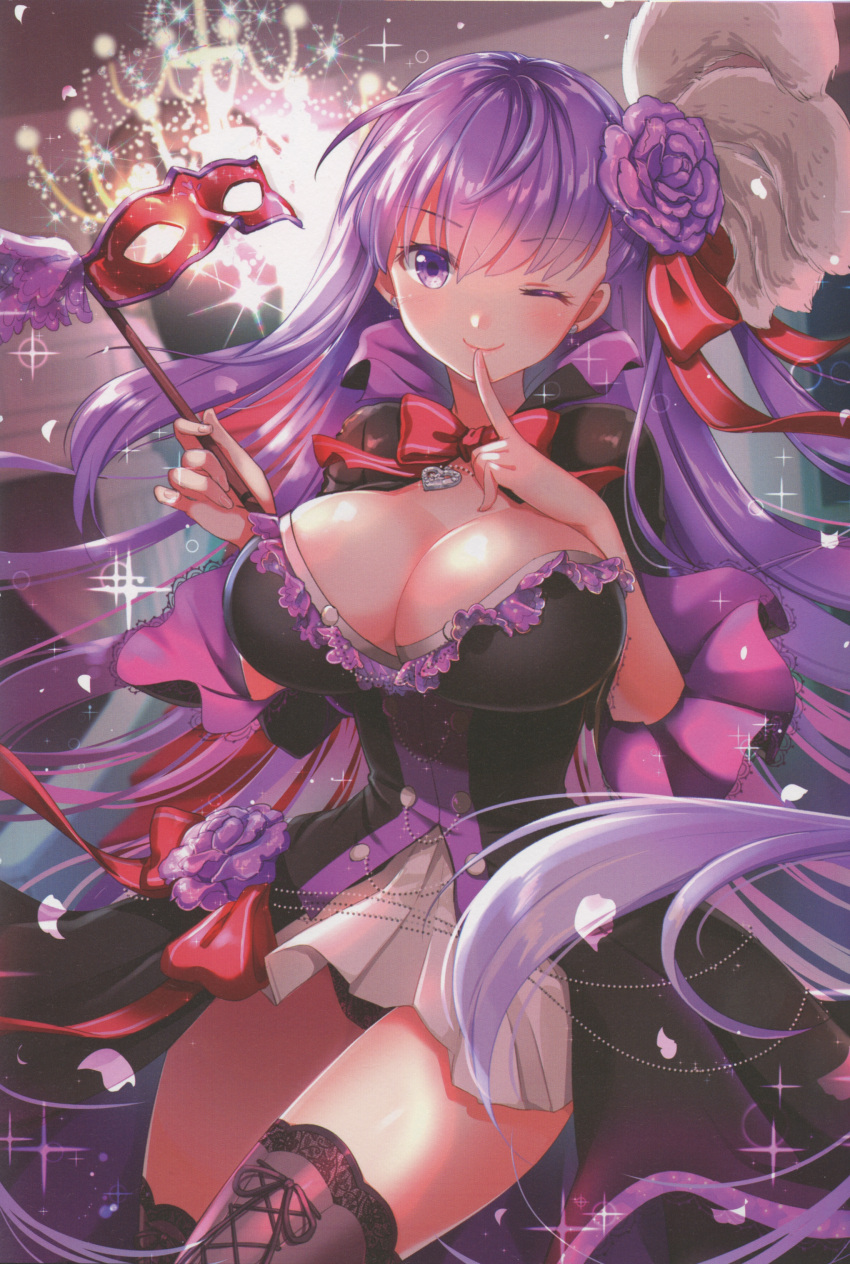 1girl absurdres bangs bb_(fate/extra_ccc) black_dress black_legwear black_panties bow bowtie breasts chandelier cleavage dress eyebrows_visible_through_hair fate/extra fate/extra_ccc fate/grand_order fate_(series) feathers finger_to_mouth fingernails flower hair_bow hair_feathers hair_flower hair_ornament head_tilt heart heart_necklace highres holding huge_filesize jewelry lace lace-trimmed_thighhighs lace-up_thighhighs large_breasts lips long_hair long_sleeves looking_at_viewer mask mask_removed masquerade_mask nail_polish one_eye_closed panties pantyshot pantyshot_(standing) petals pleated_skirt purple_hair red_bow red_neckwear scan shibi skirt smile solo sparkle standing thigh-highs underwear very_long_hair violet_eyes wide_sleeves