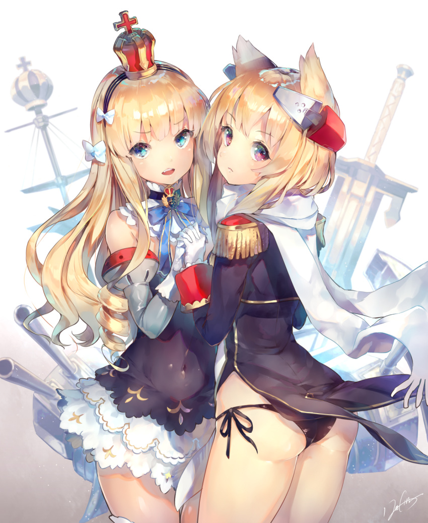 2girls animal_ears ass azur_lane black_dress black_panties blonde_hair blue_eyes bow cannon cape commentary_request covered_navel crown deecha detached_sleeves dress drill_hair epaulettes eyebrows_visible_through_hair gloves hair_bow hair_ribbon hand_holding headband headgear highres interlocked_fingers long_hair looking_at_viewer looking_back military military_uniform mini_crown multiple_girls open_mouth panties queen_elizabeth_(azur_lane) ribbon scarf short_dress short_hair_with_long_locks side-tie_panties sidelocks simple_background standing sword underwear uniform violet_eyes warspite_(azur_lane) wavy_hair weapon white_background white_bow white_gloves white_scarf