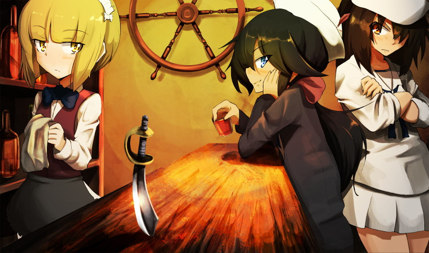 3girls bangs bar black_eyes black_hair black_jacket black_neckwear blonde_hair blouse bottle bow bowtie brown_eyes brown_hair brown_vest chin_rest closed_mouth commentary crossed_arms cup cutlass cutlass_(girls_und_panzer) dark_skin dixie_cup_hat dress_shirt drinking_glass eyebrows_visible_through_hair feathers from_side frown girls_und_panzer glaring hair_over_one_eye hair_ribbon hat highres holding jacket jinguu_(4839ms) liquor long_hair long_sleeves looking_at_viewer looking_to_the_side military_hat miniskirt multiple_girls murakami_(girls_und_panzer) napkin neckerchief ogin_(girls_und_panzer) ooarai_naval_school_uniform pleated_skirt ponytail red_ribbon ribbon sailor sailor_collar school_uniform shirt short_hair shot_glass sitting skirt sleeves_rolled_up smile standing white_blouse white_hat white_shirt white_skirt wing_collar yellow_eyes