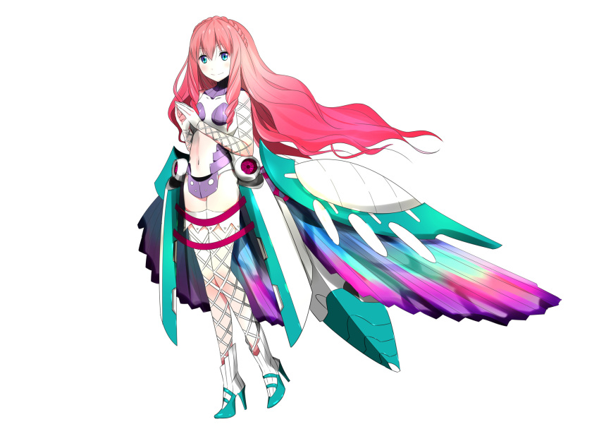 1girl aqua_footwear blue_eyes braid crown_braid full_body high_heels highres long_hair looking_at_viewer navel original pink_hair smile standing white_legwear yongen_yu