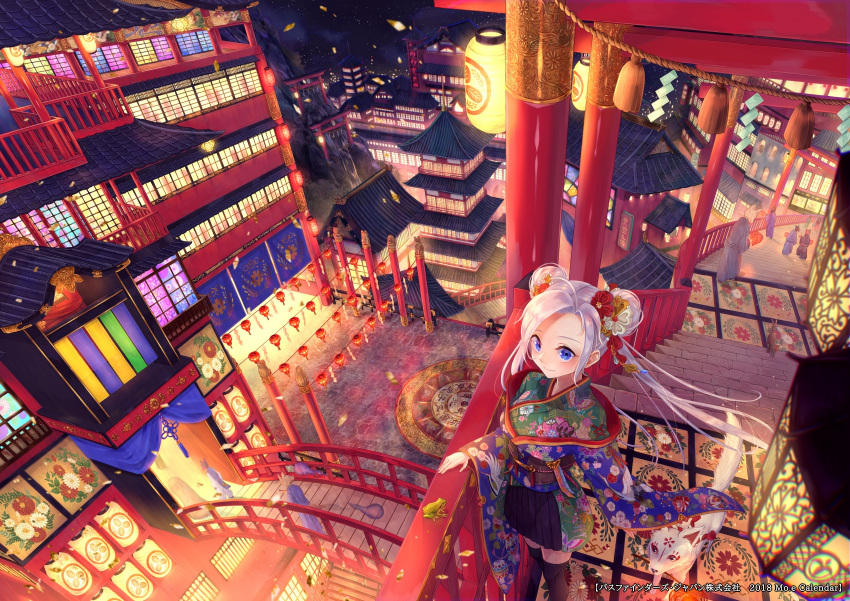 architecture blue_eyes bridge dog double_bun east_asian_architecture floral_print highres japanese_clothes kimono lantern official_art original paper_lantern para_sitism railing rope shimenawa solo_focus stairs standing tagme twintails watermark white_hair