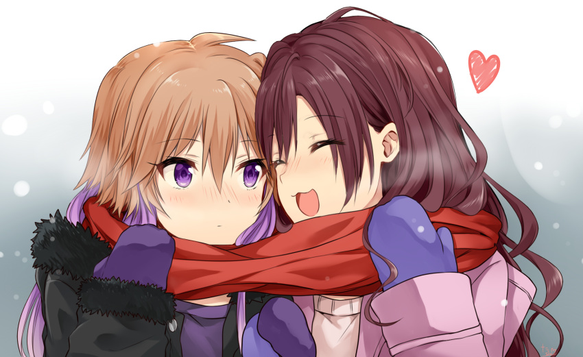 2girls :3 :d beige_sweater black_coat blush brown_hair closed_eyes closed_mouth coat eyebrows_visible_through_hair eyelashes eyes_visible_through_hair facing_another fur-trimmed_coat fur_trim heart highres ichinose_shiki idolmaster idolmaster_cinderella_girls long_hair looking_at_another mittens multicolored_hair multiple_girls ninomiya_asuka open_eyes open_mouth orange_hair outdoors pink_coat purple_hair purple_shirt red_scarf scarf shared_scarf shirt smile snowing sweater tarachine two-tone_hair unbuttoned upper_body violet_eyes wavy_hair winter winter_clothes yuri