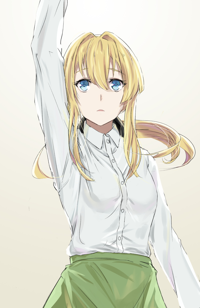 1017815656 1girl absurdres arm_up blonde_hair blue_eyes buttons dress hair_intakes hair_ribbon highres polo_shirt ponytail ribbon violet_evergarden violet_evergarden_(character)