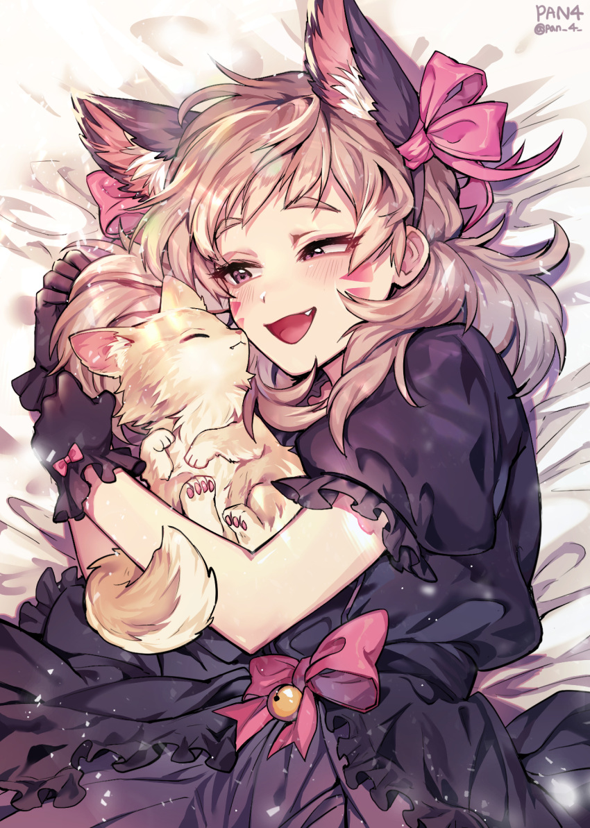 1girl alternate_costume animal animal_ears artist_name bell black_dress black_gloves blonde_hair blush bow cat cat_ears closed_eyes closed_mouth d.va_(overwatch) dress facial_mark fang fang_out frilled_dress frilled_gloves frilled_sleeves frills gloves hair_bow highres hug jingle_bell lying on_side open_mouth overwatch panza pink_bow puffy_short_sleeves puffy_sleeves short_sleeves sleeping sleeping_animal smile solo violet_eyes