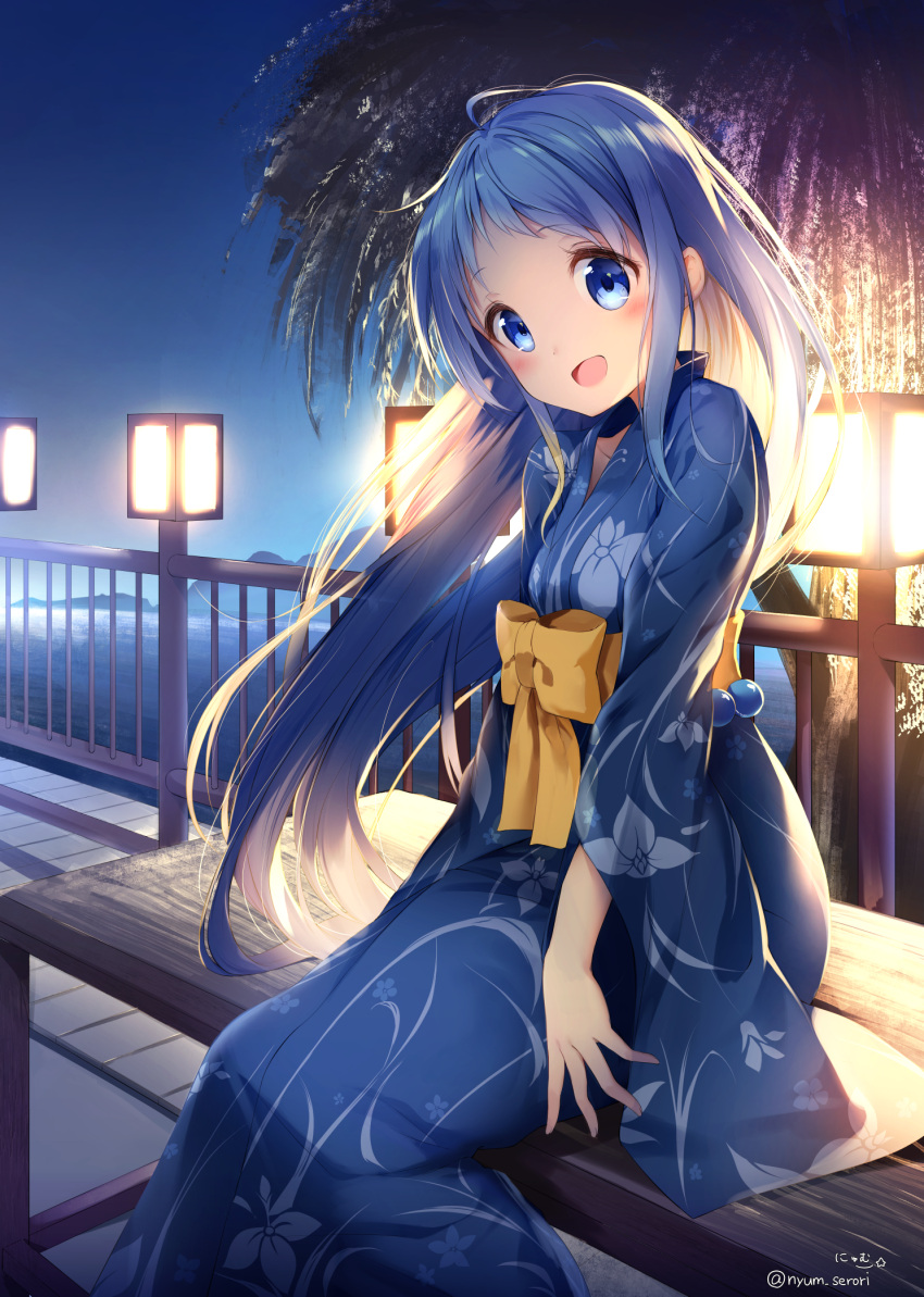 1girl :d ahoge alternate_costume backlighting beads bench blue_eyes blue_hair blue_kimono blush bow bridge commentary_request floral_print head_tilt highres japanese_clothes kantai_collection kimono lake lantern light long_hair long_sleeves looking_at_viewer night night_sky nyum open_mouth outdoors railing samidare_(kantai_collection) shiny shiny_hair sitting sky smile solo tareme tree twitter_username very_long_hair wide_sleeves yellow_bow yukata