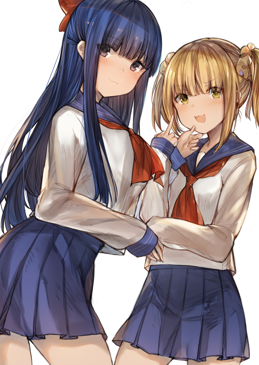2girls :3 :d absurdres bangs blonde_hair blue_eyes blue_hair blue_skirt blunt_bangs blush contrapposto cowboy_shot eyebrows_visible_through_hair green_eyes hair_ornament hair_ribbon hair_scrunchie hand_on_another's_chin highres long_hair long_sleeves looking_at_viewer looking_back middle_finger multiple_girls neckerchief open_mouth pipimi pleated_skirt poptepipic popuko red_neckwear ribbon ryuuji_teitoku school_uniform scrunchie serafuku simple_background skirt smile twintails white_background