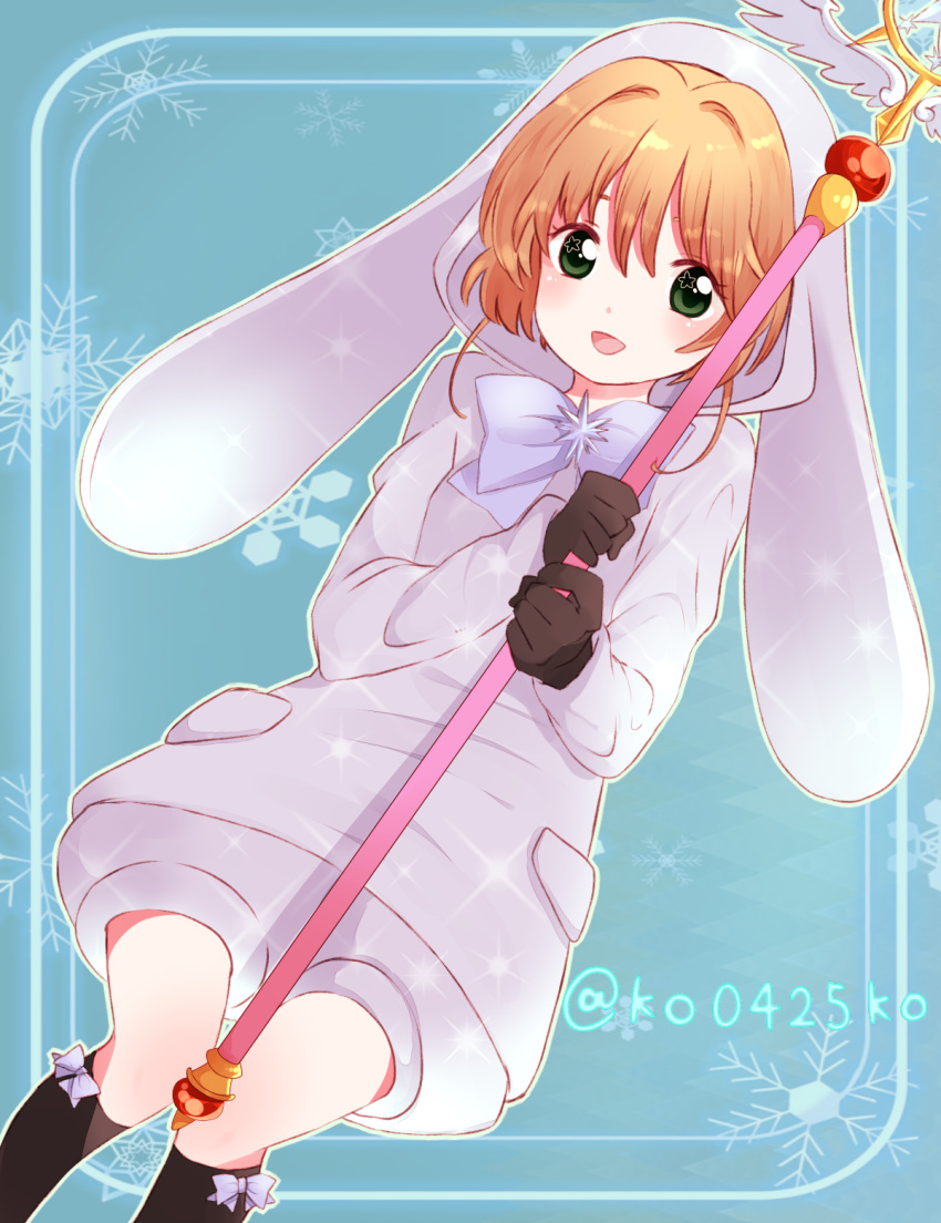 1girl :d animal_costume animal_ears animal_hood bangs black_gloves black_legwear blush bow bowtie brown_hair bunny_costume bunny_hood card_captor_sakura commentary_request eyebrows_visible_through_hair gloves green_eyes hair_between_eyes highres hiroshi_(jasinloki) holding holding_staff hood kinomoto_sakura long_sleeves looking_at_viewer open_mouth purple_neckwear rabbit_ears smile snowflakes solo staff star star_in_eye thigh-highs twitter_username yume_no_tsue