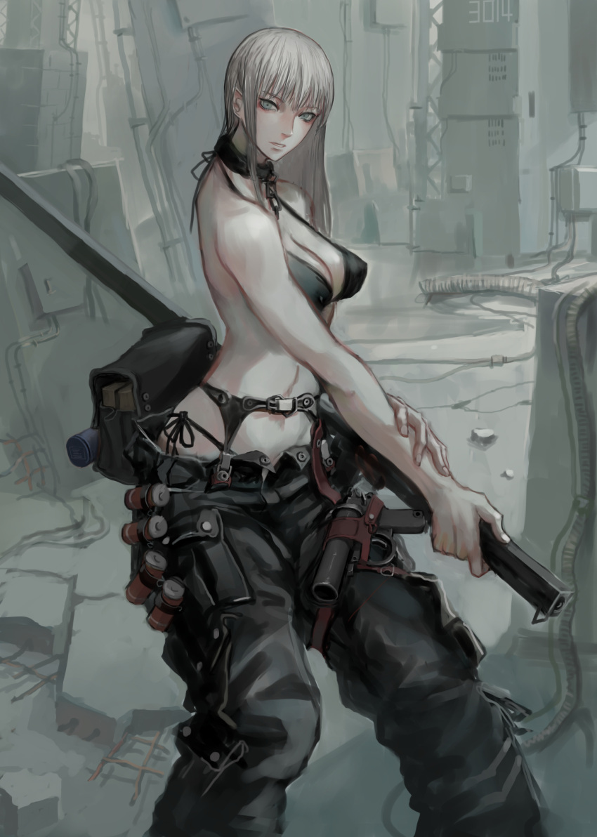 1girl albino bag bare_shoulders bikini black_bikini breasts cleavage erect_nipples grey_eyes grey_hair gun highres holding jittsu long_hair looking_at_viewer original pale_skin swimsuit weapon