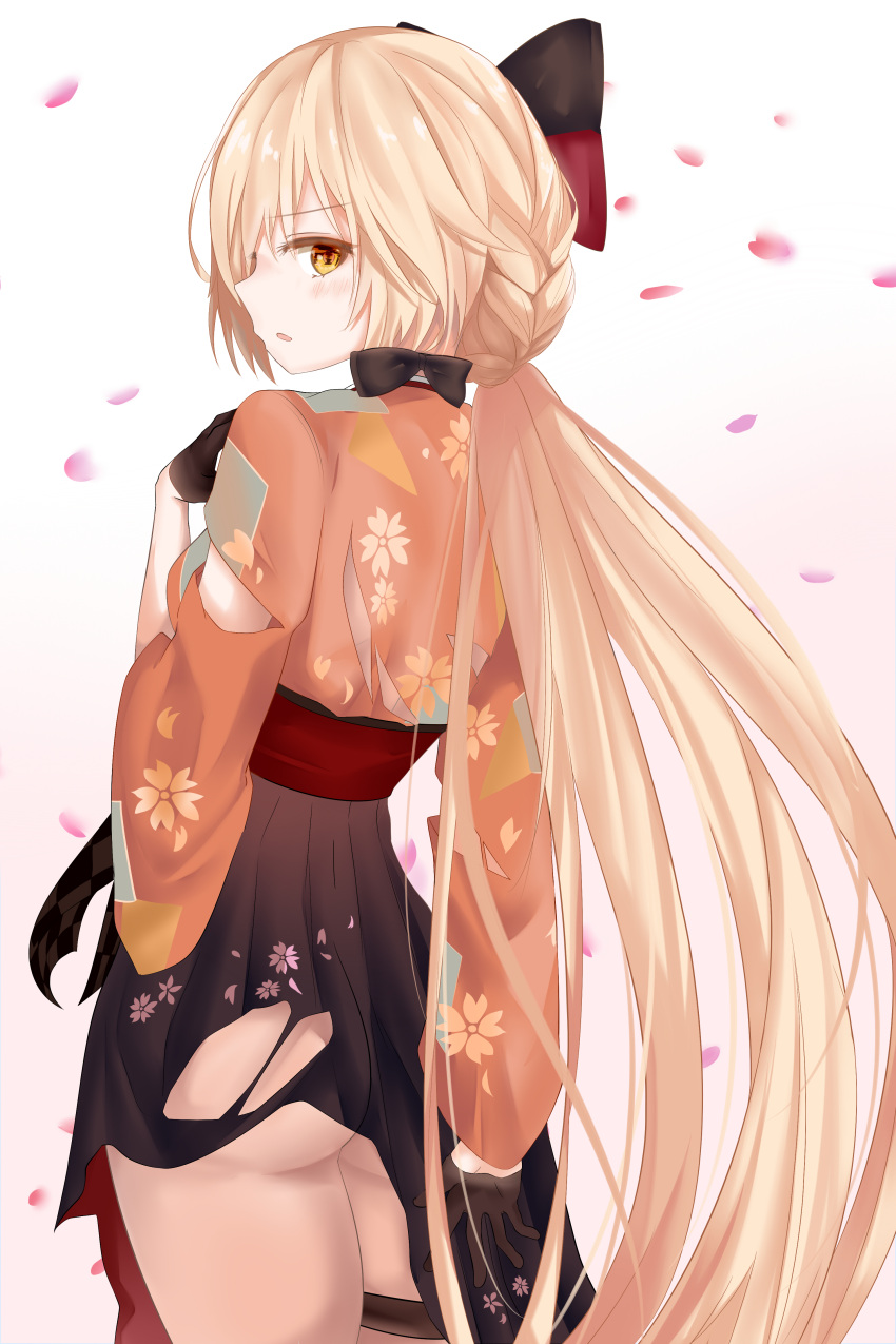 1girl absurdres arm_behind_back ass black_bow black_gloves blush boots bow bow_choker braid choker eyebrows_visible_through_hair floral_print from_behind girls_frontline gloves gradient gradient_background hair_bow hair_ribbon hakama half_gloves hand_on_own_chest high-waist_skirt high_heel_boots high_heels highres holding_skirt holster japanese_clothes long_hair looking_at_viewer looking_back meiji_schoolgirl_uniform no_panties open_mouth orange_eyes ots-14_(girls_frontline) petals pink_hair ribbon ru_zhai shiny shiny_skin simple_background skirt smile solo thigh_holster thigh_strap thighs torn_clothes torn_hakama torn_skirt very_long_hair white_background