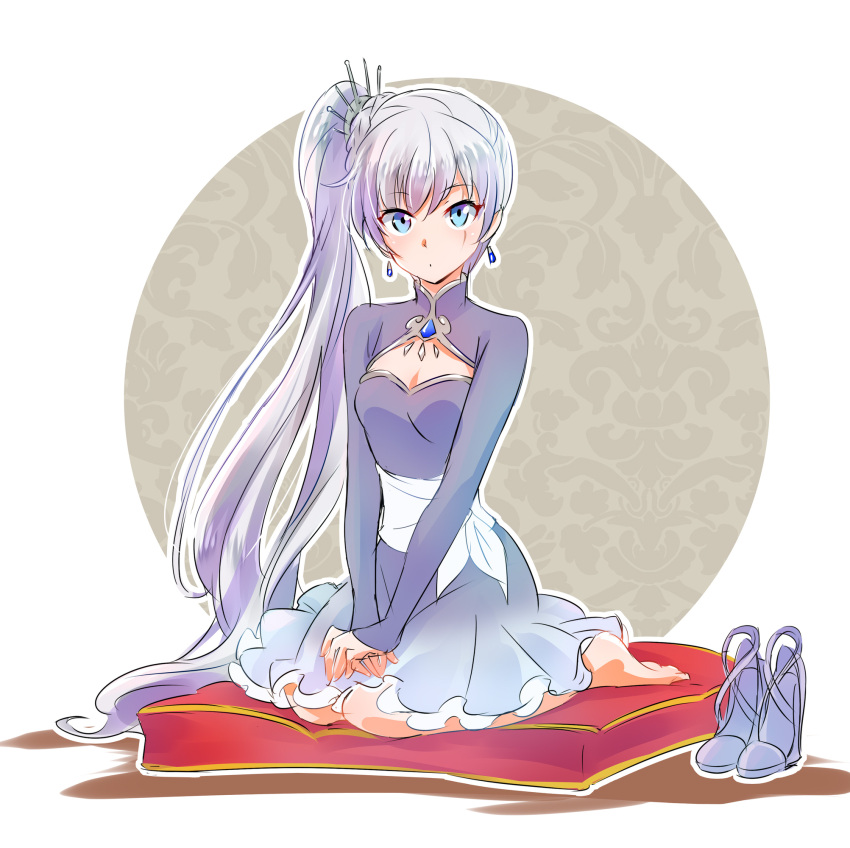 1girl bangs barefoot blue_eyes blue_footwear blush breasts cleavage cleavage_cutout closed_mouth cushion earrings eyebrows_visible_through_hair full_body gem hair_ornament highres iesupa jewelry knees_together_feet_apart long_hair long_sleeves looking_at_viewer medium_breasts own_hands_together ponytail rwby sash scar scar_across_eye shoes shoes_removed side_ponytail sitting small_breasts solo v_arms very_long_hair wariza weiss_schnee white_hair