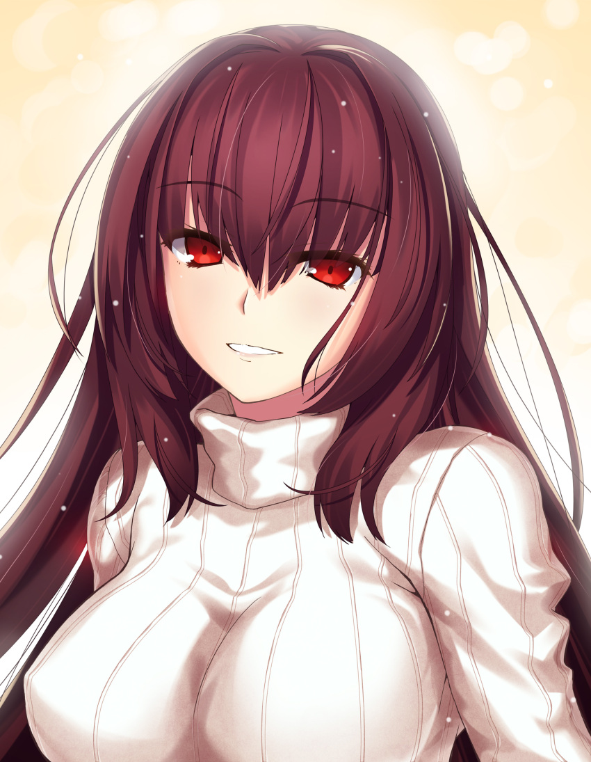 1girl absurdres bangs breasts fate/grand_order fate_(series) hair_intakes highres large_breasts long_hair looking_at_viewer parted_lips purple_hair red_eyes ribbed_sweater scathach_(fate/grand_order) smile solo sweater teeth turtleneck turtleneck_sweater upper_body yoshida_takuma