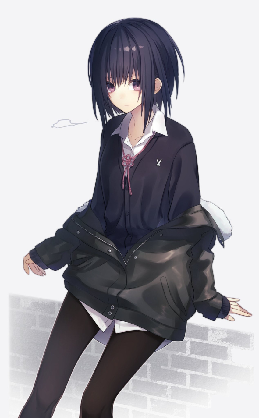 1girl arm_at_side bangs black_hair black_jacket black_legwear brick closed_mouth coat collared_shirt expressionless feet_out_of_frame fur_trim grey_background highres jacket long_sleeves looking_at_viewer natsutora off_shoulder open_clothes open_coat original pantyhose partially_unbuttoned partially_unzipped pink_ribbon reverse_trap ribbon shirt short_hair simple_background sitting sleeves_past_wrists solo violet_eyes wing_collar