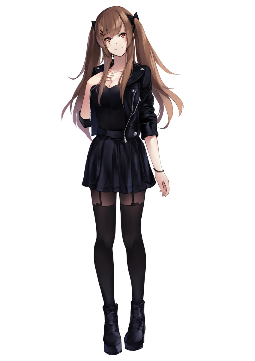 :3 absurdres alternate_costume arm_at_side bangs black_bow black_footwear black_jacket black_legwear black_shirt black_skirt blush boots bow breasts brown_eyes brown_hair cleavage collarbone eyebrows_visible_through_hair eyes_visible_through_hair garter_straps girls_frontline hair_bow hair_ornament hair_over_shoulder hairclip hand_on_own_chest highres ina_(inadiary) jacket long_hair looking_at_viewer medium_breasts pantyhose pleated_skirt red_eyes scar scar_across_eye shirt sidelocks simple_background skirt sleeves_folded_up smile standing thigh-highs twintails ump45_(girls_frontline) white_background wristband zipper zipper_pull_tab