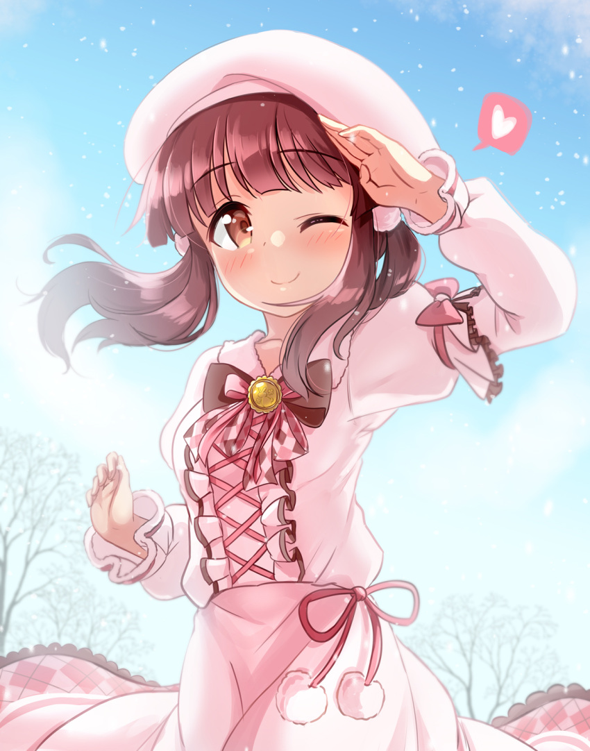 1girl argyle badge bangs bare_tree beret blunt_bangs blush bow brown_bow c: closed_mouth collarbone cross-laced_clothes day eyebrows_visible_through_hair frilled_shirt frilled_skirt frilled_sleeves frills fur_collar hair_ornament hand_on_own_head hat heart highres idolmaster idolmaster_cinderella_girls idolmaster_cinderella_girls_starlight_stage kibihimi layered_clothing light_rays long_skirt long_sleeves looking_at_viewer medium_hair ogata_chieri one_eye_closed outdoors pink_bow pink_skirt pom_pom_(clothes) puffy_short_sleeves puffy_sleeves redhead shirt short_sleeves skirt skirt_set smile snow snowing solo speech_bubble spoken_heart sunbeam sunlight tareme tree twintails upper_body white_hat winter_clothes yellow_eyes
