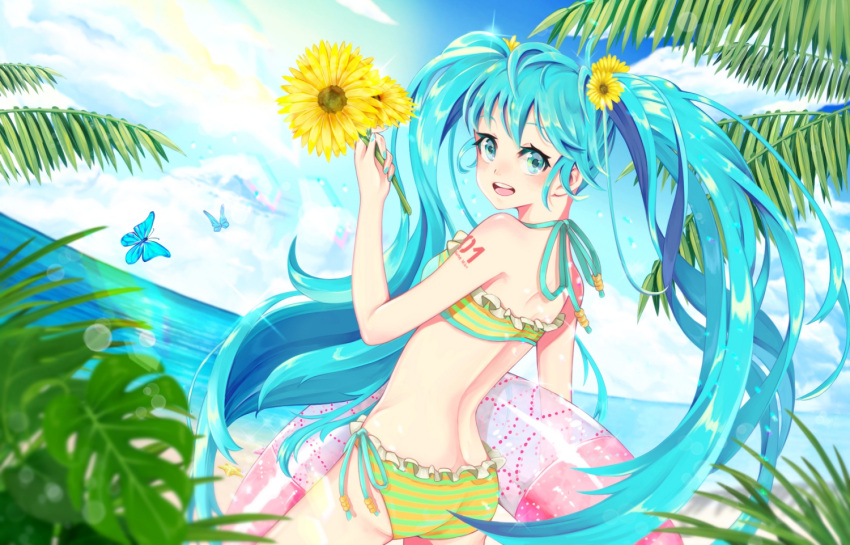 :d ass bare_shoulders bikini blue_butterfly blue_eyes blue_hair blue_sky butterfly day flower hair_flower hair_ornament hatsune_miku innertube long_hair looking_back ocean open_mouth outdoors palm_tree para_sitism side-tie_bikini sky smile striped striped_bikini swimsuit tattoo tree twintails very_long_hair vocaloid