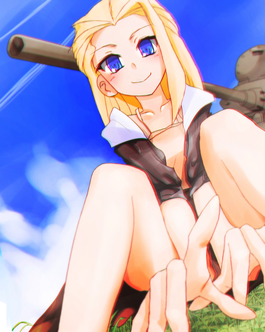 1girl black_hoodie blonde_hair blue_eyes clara_(girls_und_panzer) closed_mouth commentary contrail dutch_angle foreshortening girls_und_panzer grass ground_vehicle highres hood hood_down hoodie is-2 long_hair looking_at_viewer military military_vehicle minorihoujouakino motor_vehicle open_clothes open_hoodie short_sleeves sitting smile solo tank
