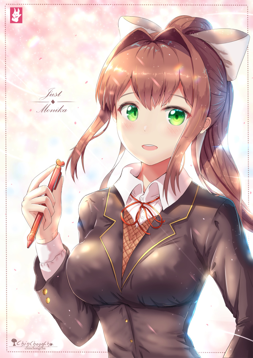 1girl :o artist_name bad_proportions blush breasts brown_hair character_name chinchongcha doki_doki_literature_club english green_eyes highres impossible_clothes large_breasts long_hair looking_at_viewer monika_(doki_doki_literature_club) pencil pink_background ponytail sidelocks solo upper_body