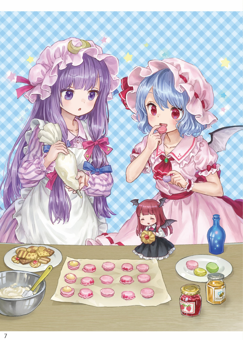 3girls absurdres ama-tou apron ascot bat_wings blue_background blue_hair bottle bowl checkered checkered_background cookie crescent crescent_moon_pin dress eating food hair_ribbon hand_up hat hat_ribbon head_wings highres holding honey jam koakuma long_hair macaron maid_apron minigirl mob_cap multiple_girls pastry_bag patchouli_knowledge pink_hat plate puffy_short_sleeves puffy_sleeves purple_hair red_eyes red_neckwear red_ribbon redhead remilia_scarlet ribbon short_sleeves smile spatula star striped striped_dress touhou violet_eyes wings wrist_cuffs
