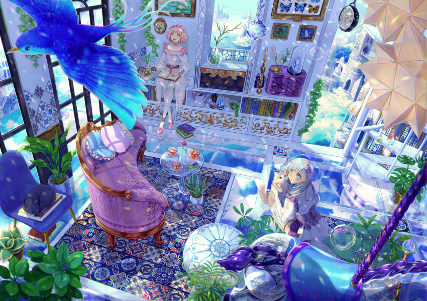2girls :d ahoge bird blue blue_eyes blue_sky bluebird book bookshelf butterfly candle candlestand carousel cat chair clock clouds couch crystal floating_island glass_floor glass_table hairband highres holding_cat indoors multiple_girls open_book open_mouth original painting_(object) para_sitism pillow pink_footwear pink_hair plant potted_plant rug short_hair sitting sky smile table watering_can white_cat white_hair white_legwear