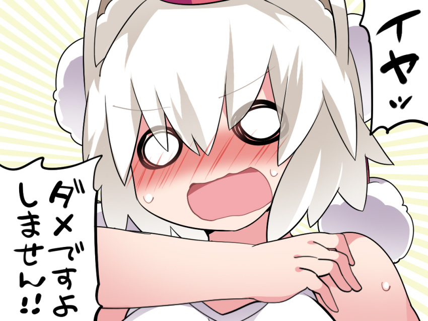 1girl animal_ears bare_shoulders blush commentary_request dress hammer_(sunset_beach) hat inubashiri_momiji o_o open_mouth short_hair solo tokin_hat touhou translation_request upper_body white_dress wolf_ears